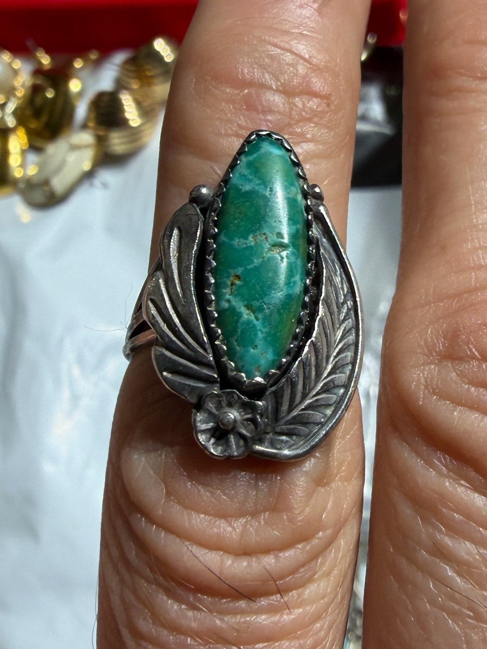 Vintage Navajo Sterling Silver Green Turquoise Leaf Floral Ring Size 5